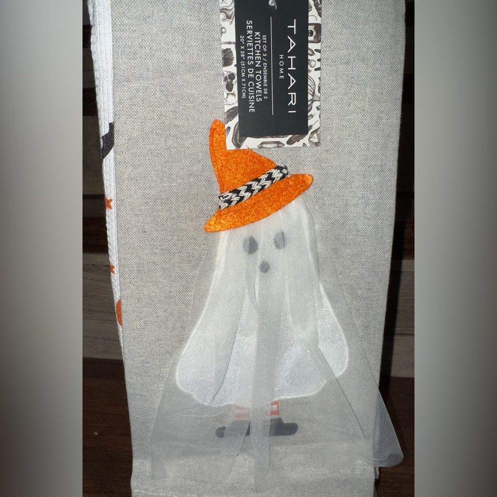 Set of Three Home Kitchen with Ghost 👻 Wearing an Orange Witch's hat By Tahari